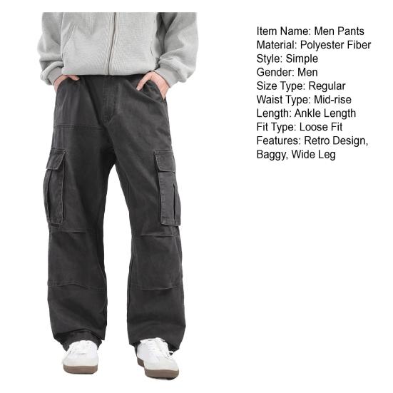 Men Retro Cargo Pants Multi Pocket Casual Baggy Trousers Loose Fit Wide Leg Trousers for Travel Gym School Street Wear