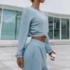 Women Autumn Winter Loose Hoodies Suit Long Sleeve O Neck Top with Wide Leg Pants Solid Color