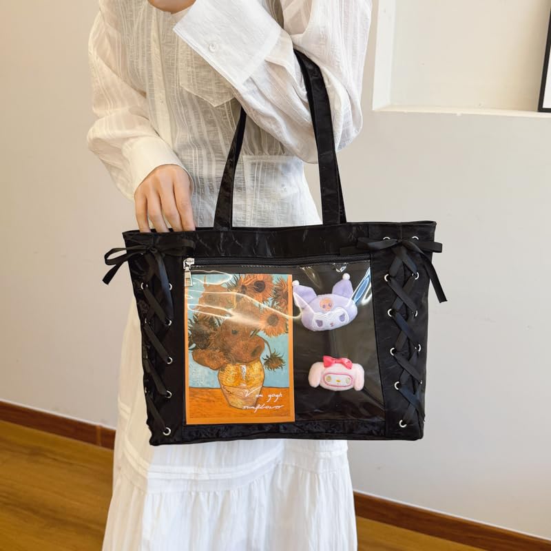 Bearneko Ita Tote Otaku A4 Large Bag, Bag, Bag, Size, Cute, Capacity, Lace-Up, Ribbon, Spring, Summer, Autumn, Winter, Gift, Women's (Black)