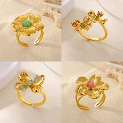 Stainless Steel Green Opal Stone Rings For Women Girls Vintage Gold Color Open Flower Ring Wedding Party Jewelry Accessories