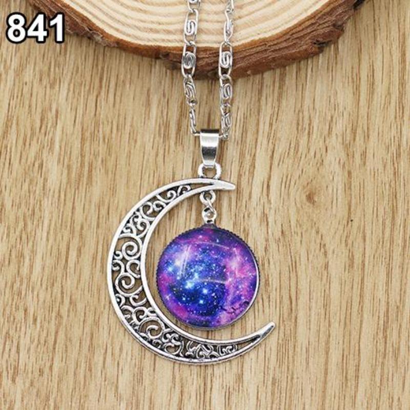 Women Fashion Galactic Glass Alloy Chain Crescent Moon Pendant Necklace