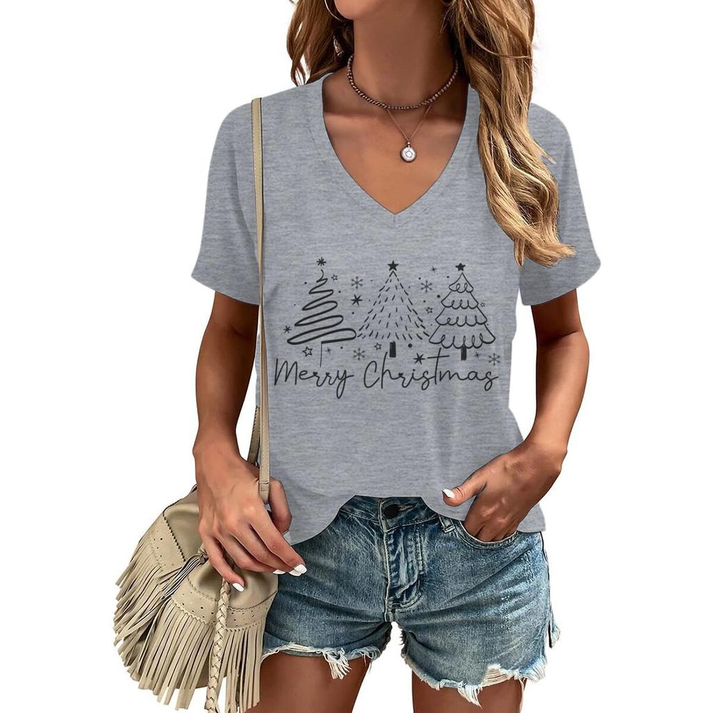 Merry Christmas Tree Trending Tshirts for Women Vneck Christmas Tree Design Holiday Clothes Funny Festive Fashion Casual Tops