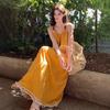 Yellow Bohemian Suspender Dress Women's Summer Wear Girly Fringed Splicing Loose and Thin Dress