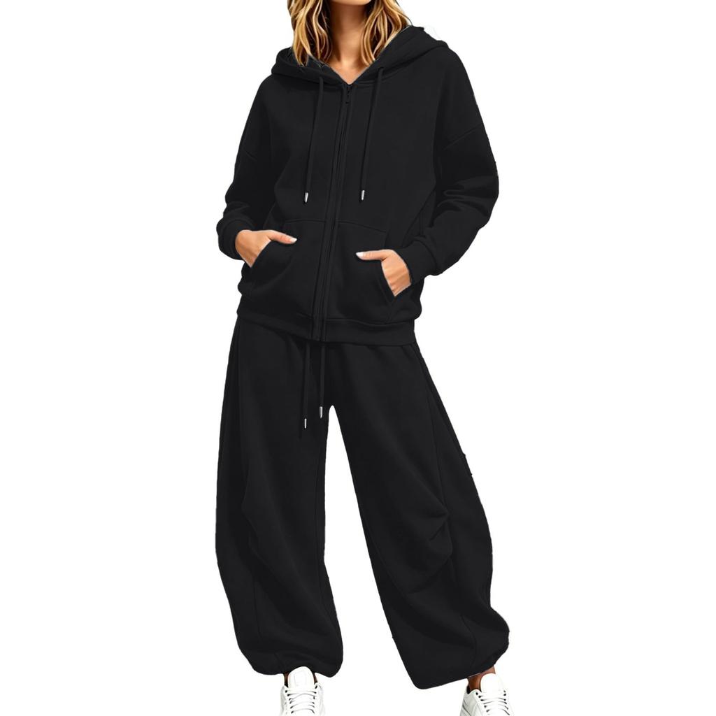 Unisex Lockere Passform Reißverschluss Hoodie mit und Weiter Bein Jogginghose 2-teiliges Trainingsanzug Set Farbe Sportbekleidung