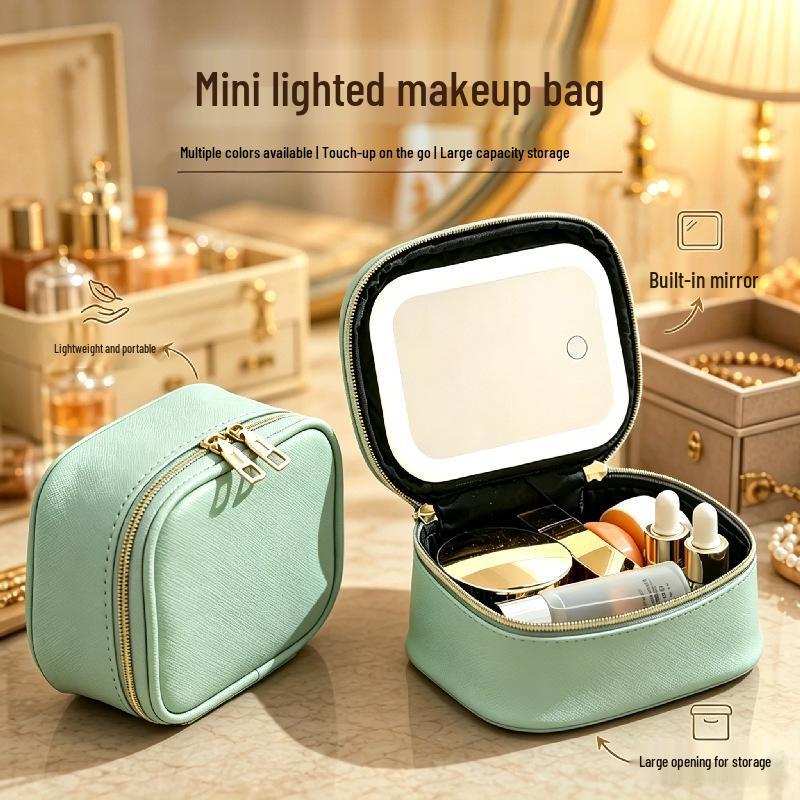 Portable Waterproof LED Mirror Makeup Bag - Mini Travel Beauty Storage