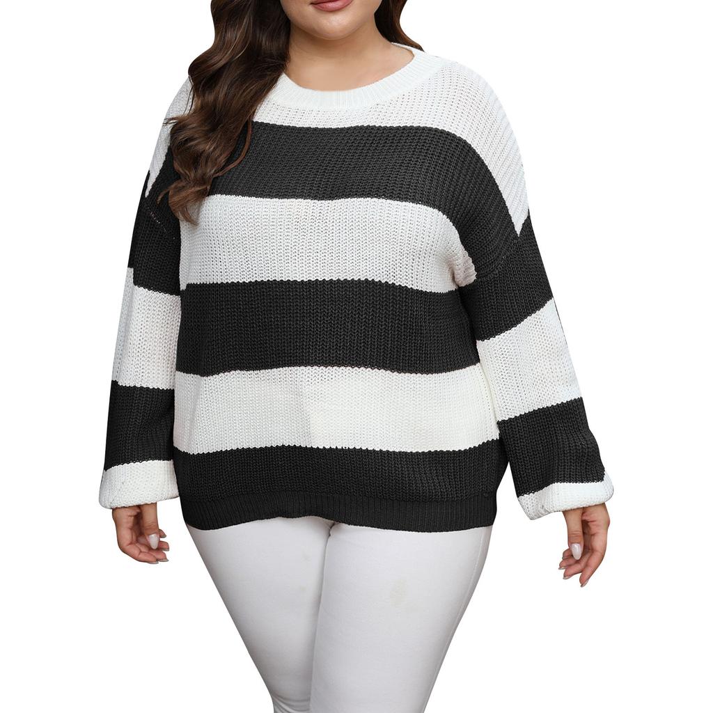 Women Knitwear Clashing Stripes Intercolor Pullover Round Neck Loose Sweater