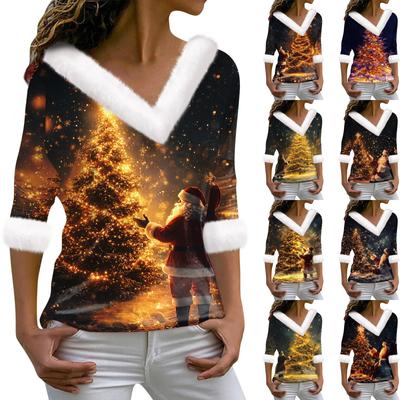 Women's T Shirt Tee Christmas Shirt Long Sleeve Party Christmas Print Fleece Collar V Neck Top