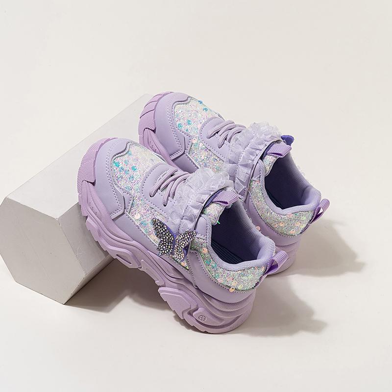 Fashion New Girls' Sports Shoes Anti Slip Soft Sole Sequin Shinny Butterfly Cute Tennis Running Shoes Princess Shoes for Baby Girls