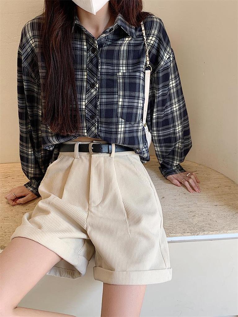Corduroy Cuffed Straight Leg Shorts for Women - Autumn/Winter Loose Slimming Wide Leg Casual Pants