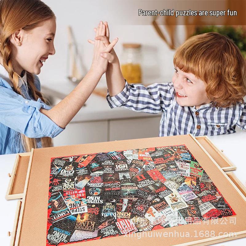 Rotatable Wooden Puzzle Table with Drawers - Large & Small Portable Board