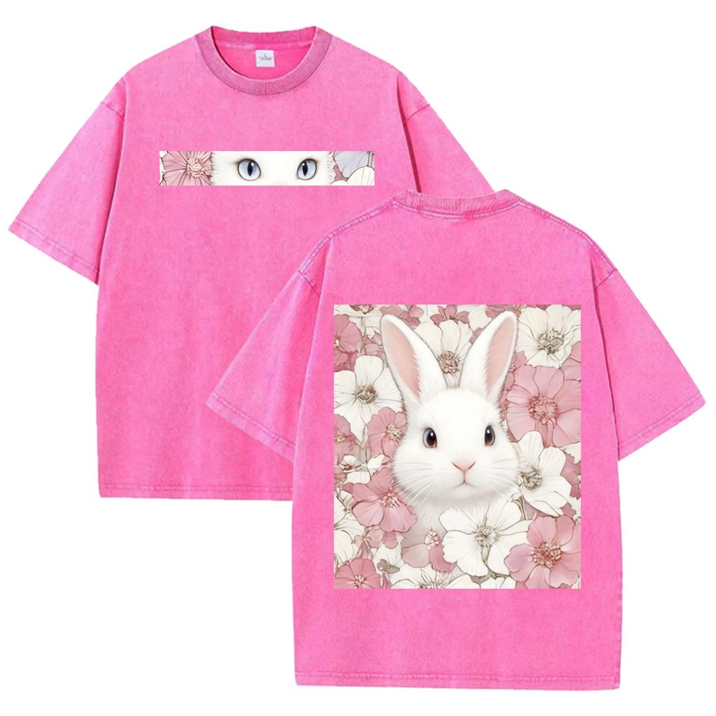 Double Sided Animal Pattern Print Vintage Washed T Shirt Oversized Cotton Aesthetic Kawaii Casual Short Sleeve Streetwear Tee