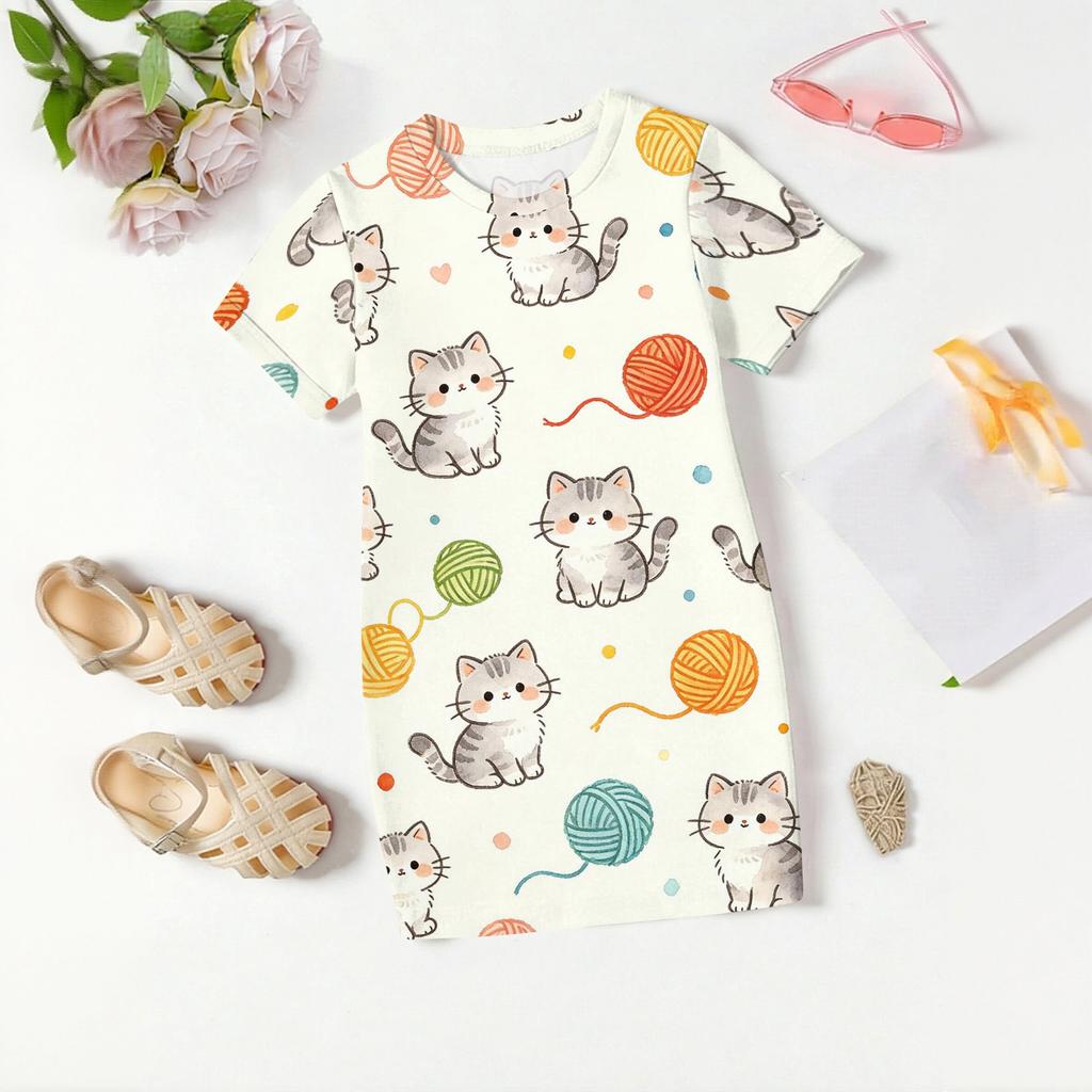 Girls Loose Fit Short Sleeve Dress Kids Round Neck Casual Lightweight Dress with Animal Print Suitable for Daily Wear and Outdoor Activities