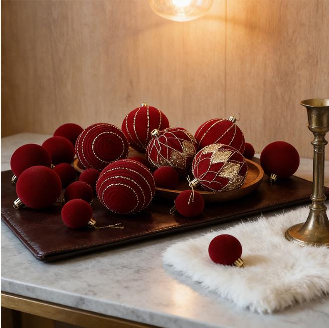 36-Piece Wine Red Velvet Christmas Bauble Set – 8cm/6cm/4cm Flocked Tree Ornaments with Gold Detail