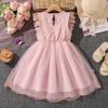 Kids Princess Dress Girls O Neck Wing Sleeve Bowknot Floral Print Embroidery Summer Sweet Birthday Party Clothing