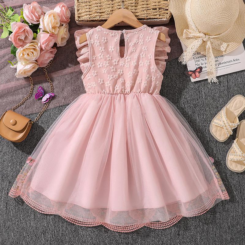 Kids Princess Dress Girls O Neck Wing Sleeve Bowknot Floral Print Embroidery Summer Sweet Birthday Party Clothing