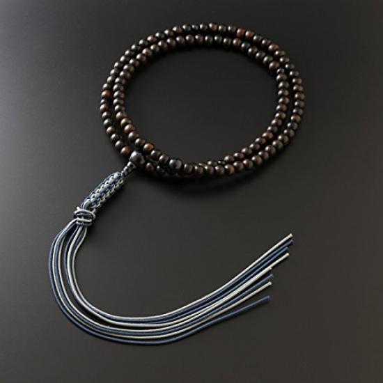 Kyobutsudan Hayashi Rinzai Zen Prayer Beads Men Unpolished Striped Ebony Blue Tiger Eye Accent Authentic Formal Kyoto with Pouch Set Paulownia Japan