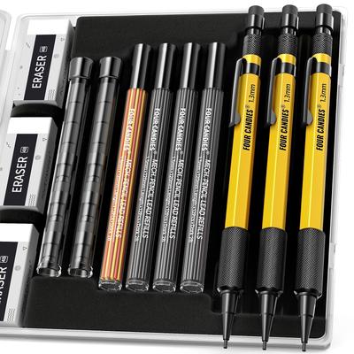 Four Candies Mechanical Set with Durable Metal Carpenter 48 Leads 3 12 Eraser Outdoor Carpentry Marker Yellow 1.3mm Pencils, 3-Piece Case, Pencils,