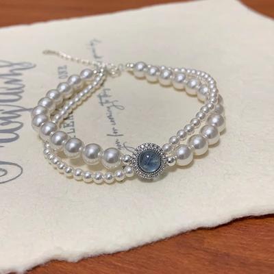 S925 Silver Sea Blue Pearl Bracelet for Women, Elegant Double Layer Beaded Bangle