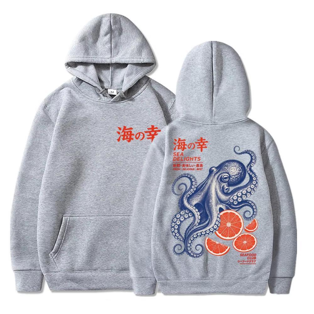 Japanese Style Octopus Ocean Sea Life Graphic Print Hoodie Men Women Hip Hop Vintage Streetwear Punk Soft Sweatshirt Loose Cozy and Versatile