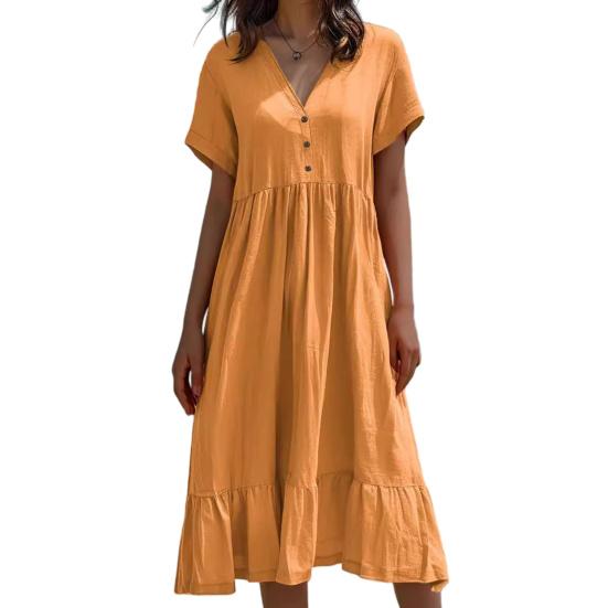Women Summer Dress Button V Neck Short Sleeve Loose Fit Flowy Beach Sundress Ruffled A-line Swing Casual Midi Dress