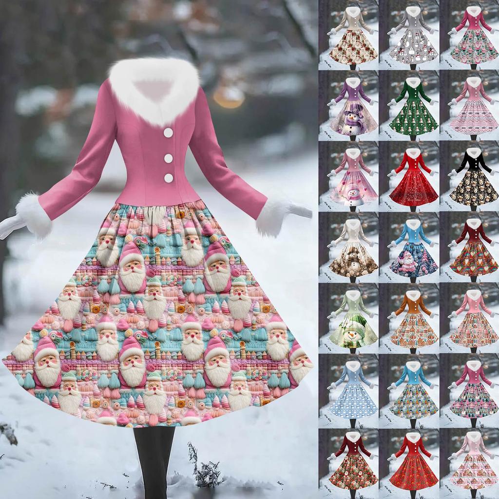 Women's Casual Hooded Dress Long-Sleeve V-Neck Patchwork Fleece Christmas Print Dress