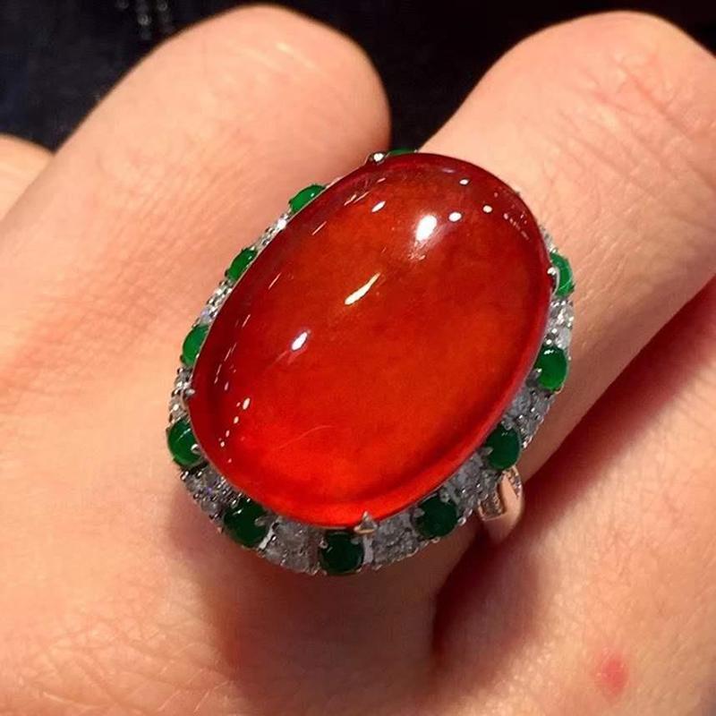 Natural Chalcedony Positive Red Oval Large Egg Face Ring Opening Adjustable Chinese Style Peculiar Retro Ladies