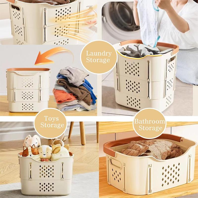 Collapsible Plastic Laundry Basket with Handles and Side Containers - Space-Saving Laundry Basket for Laundry Rooms, Bathrooms,