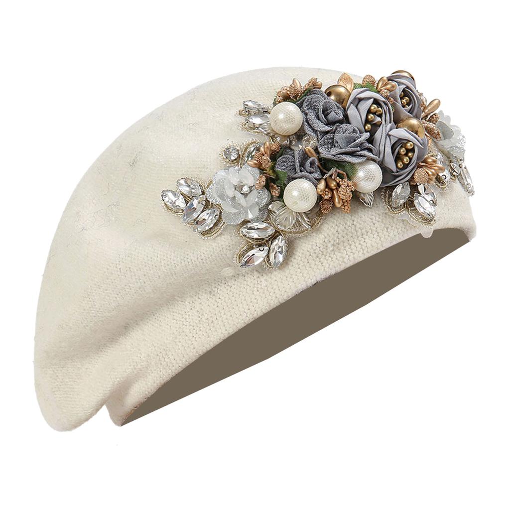 Pearls Studded Girls Beret Stylish Bowknot Headwear Painter Hat Show Small Face Versatile Painter Hat Flower