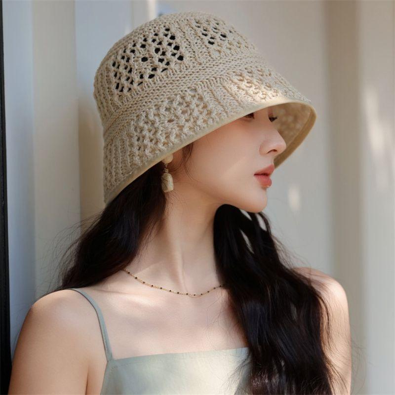 

Корейская ажурная вязаная шапка рыбака для женщин летом тонкая и дышащая солнцезащитная шапка бежевый