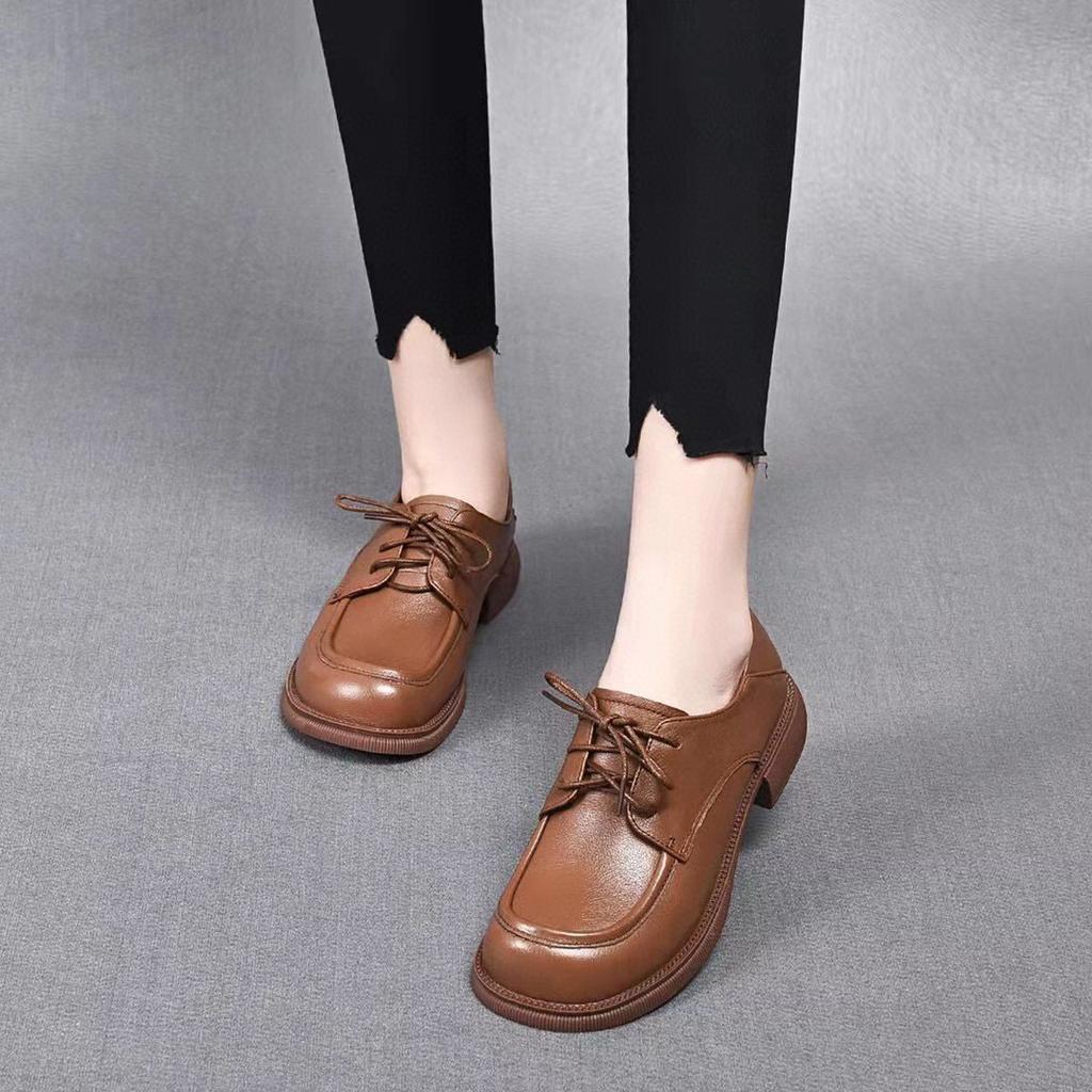 Women's single shoes flat-soled small leather shoes spring new round head first layer cowhide lace-up comfortable low-top shoes