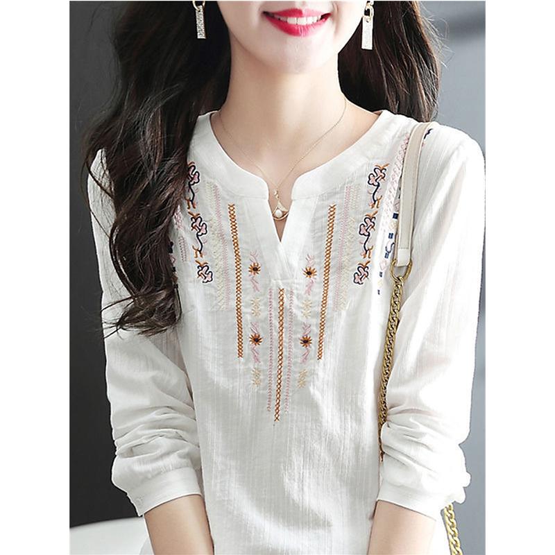 

Женские весенне-осенние белые блузки, топы, женские повседневные винтажные свободные блузки с v-образным вырезом и длинными рукавами с вышивкой XL белый