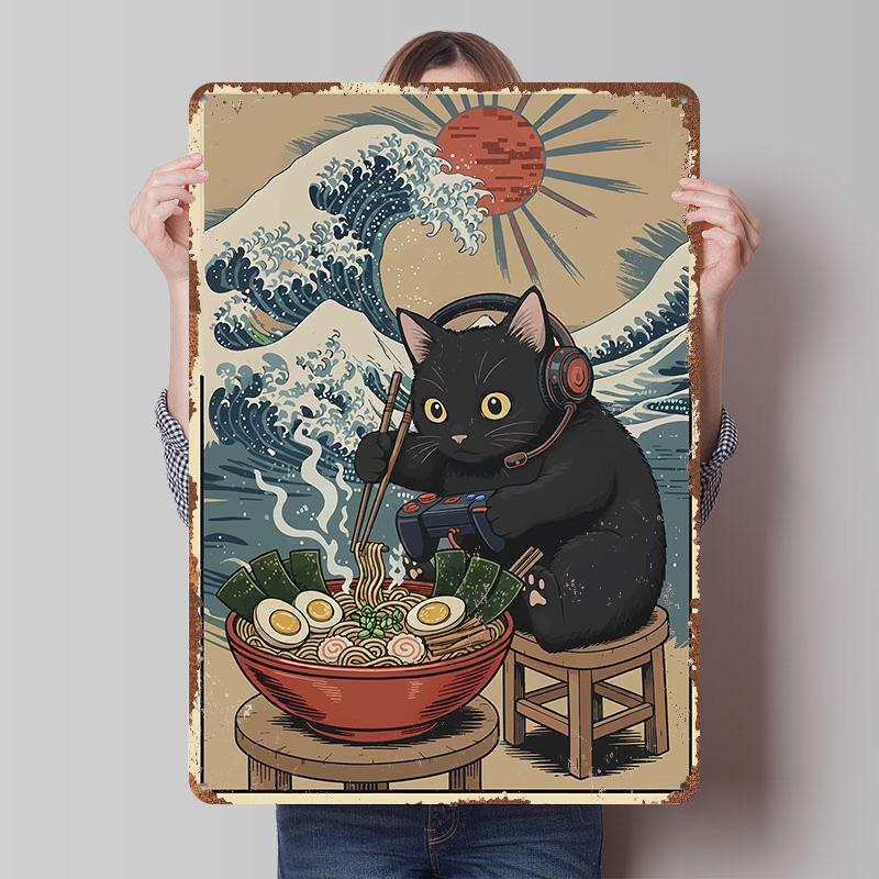 

Gamer Cat With Ramen and Wave Printed Poster Customized Wall Art Retro Vintage Metal Tin Signs for Decoration Living Room Decor 7.9x11.8In(20x30cm)