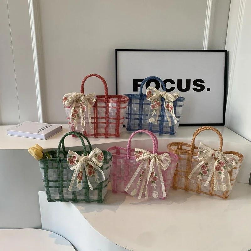 Large capacity picnic bag for ladies  two-tone fabric  embroidered bow  casual PVC bag  women's bags