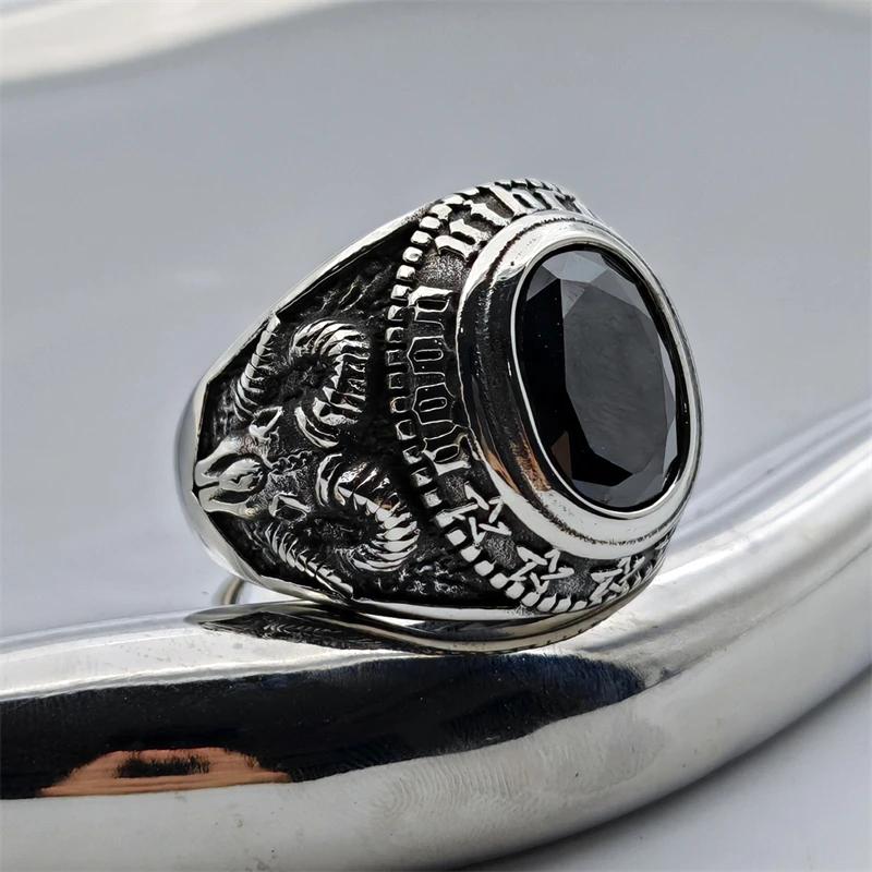 Black Stone God Eye Ring 316L Stainless Steel Jewelry Biker Punk Goat Ring 7