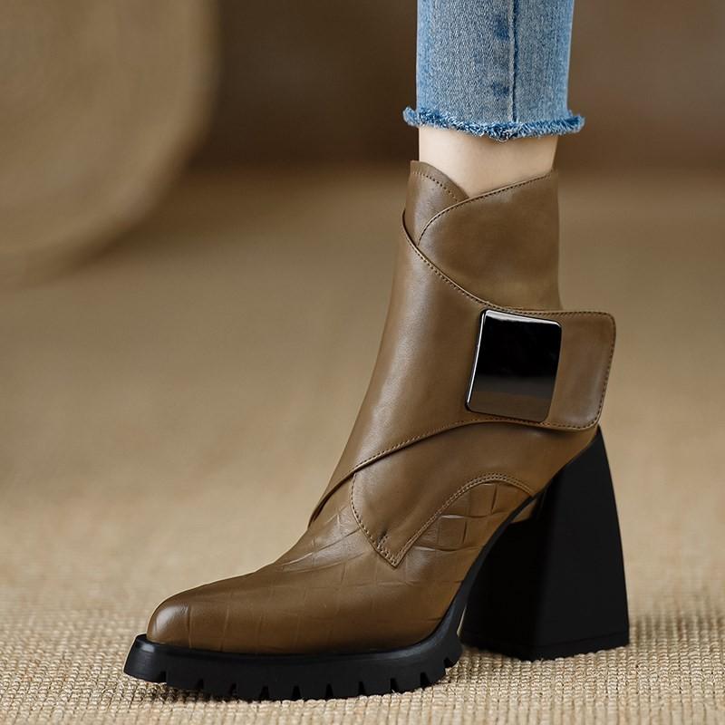 Fashion AJGS Autumn/winter Women Boots Genuine Leather Western Boot Women Shoes Pointed Toe Chunky Heel Chelsea Retro Ankle Boots