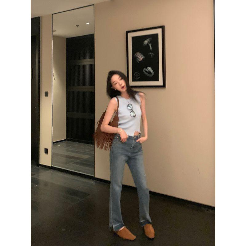 

Район Оуян Рваный Деним Женский Летний Новинка Высокая Посадка Подчеркивающие Фигуру Прямые Брюки Слим Фит Разрез Ретро Брюки