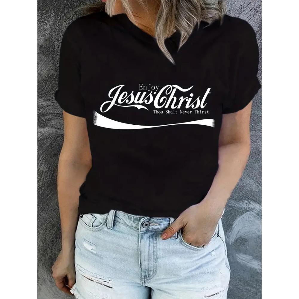 Jesus Print T-Shirt, Short Sleeve Crew Neck Casual Top For Summer & Spring, Women's Clothing
