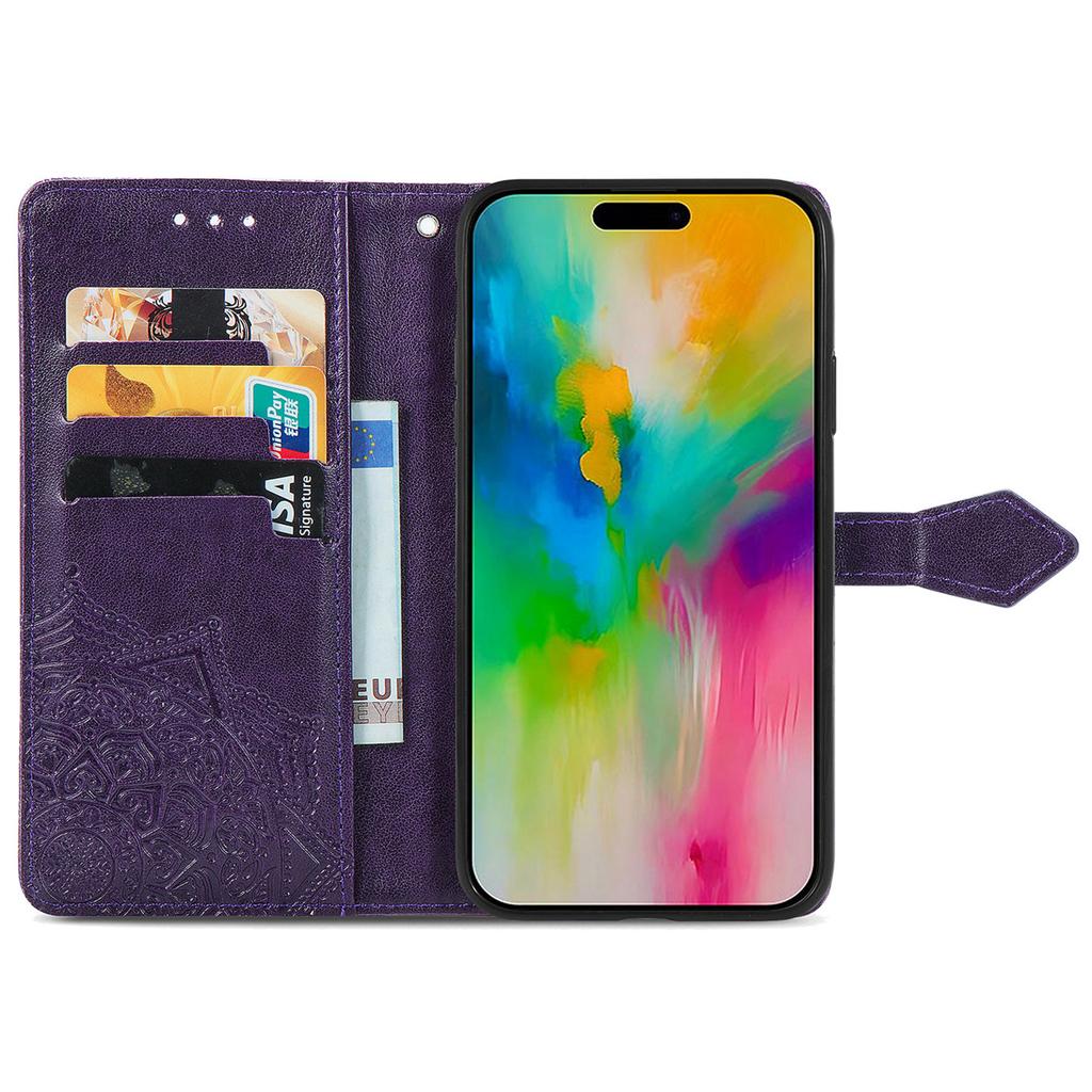 For iPhone 16 Case Embossed Mandala Pattern Leather Phone Cover Wallet Card Slot Holder