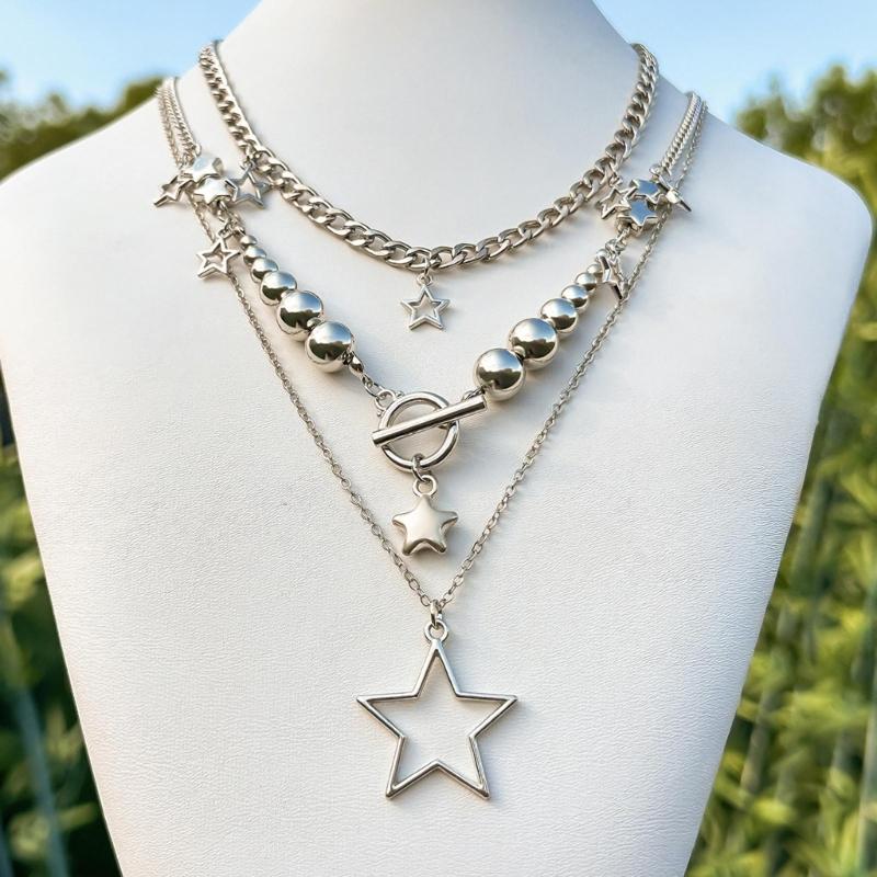 3Pieces Star Fringe Necklace Hip Hop Round Bead Choker Multilayer Clavicle Chain Y2K Jewelry OT Buckle Necklace Party