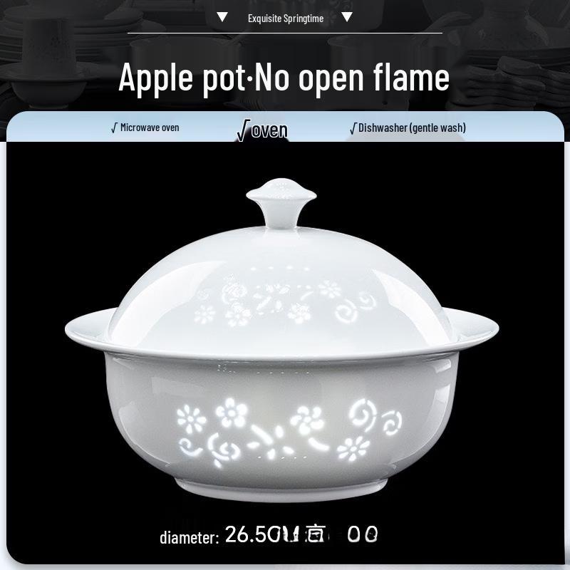 Jingdezhen Spring White Apple Casserole Ceramic Soup Bowl