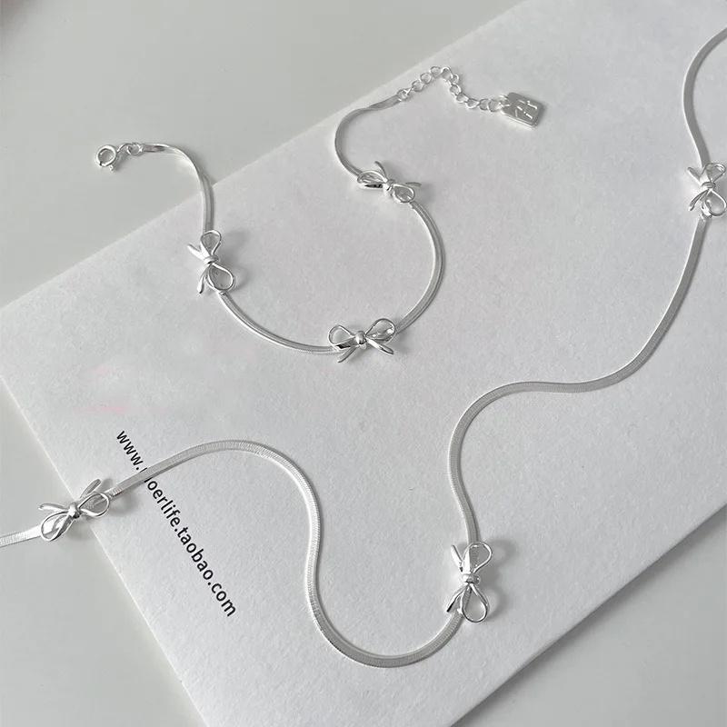 Silver Snake Bones Bow Bracelet for Women Girls Sweet Charm Bowknot Short Clavicle Chain Necklace Jewelry Set