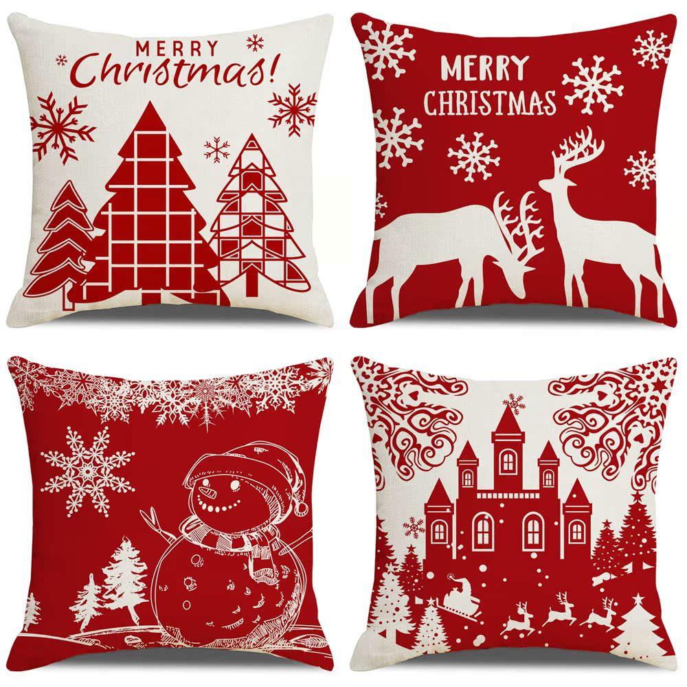 New Christmas Pillow Cover Red Simple Christmas Snowman Print Cushion Home Cushion