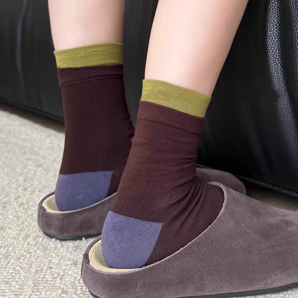 Fashion Blue-Brown Contrasting Striped Socks Autumn Cotton Wrapping Straight Socks Crimped Large Dot Stacked Medium Tube Socks