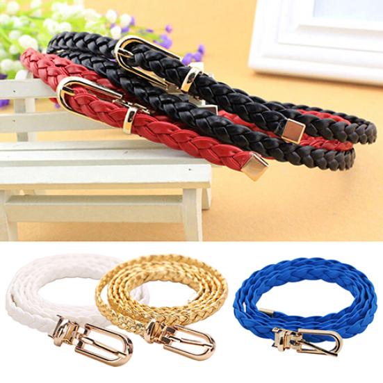 Women Braided PU Leather Narrow Thin Buckle Strap Waist Belt All-Match Waistband