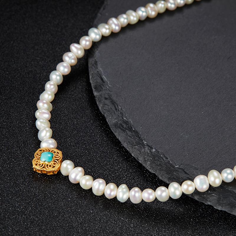 Original Design Natural Turquoise Freshwater Pearl S925 Sterling Silver Necklace Women'S Fashion Light Luxury Collarbone Chain Pendant