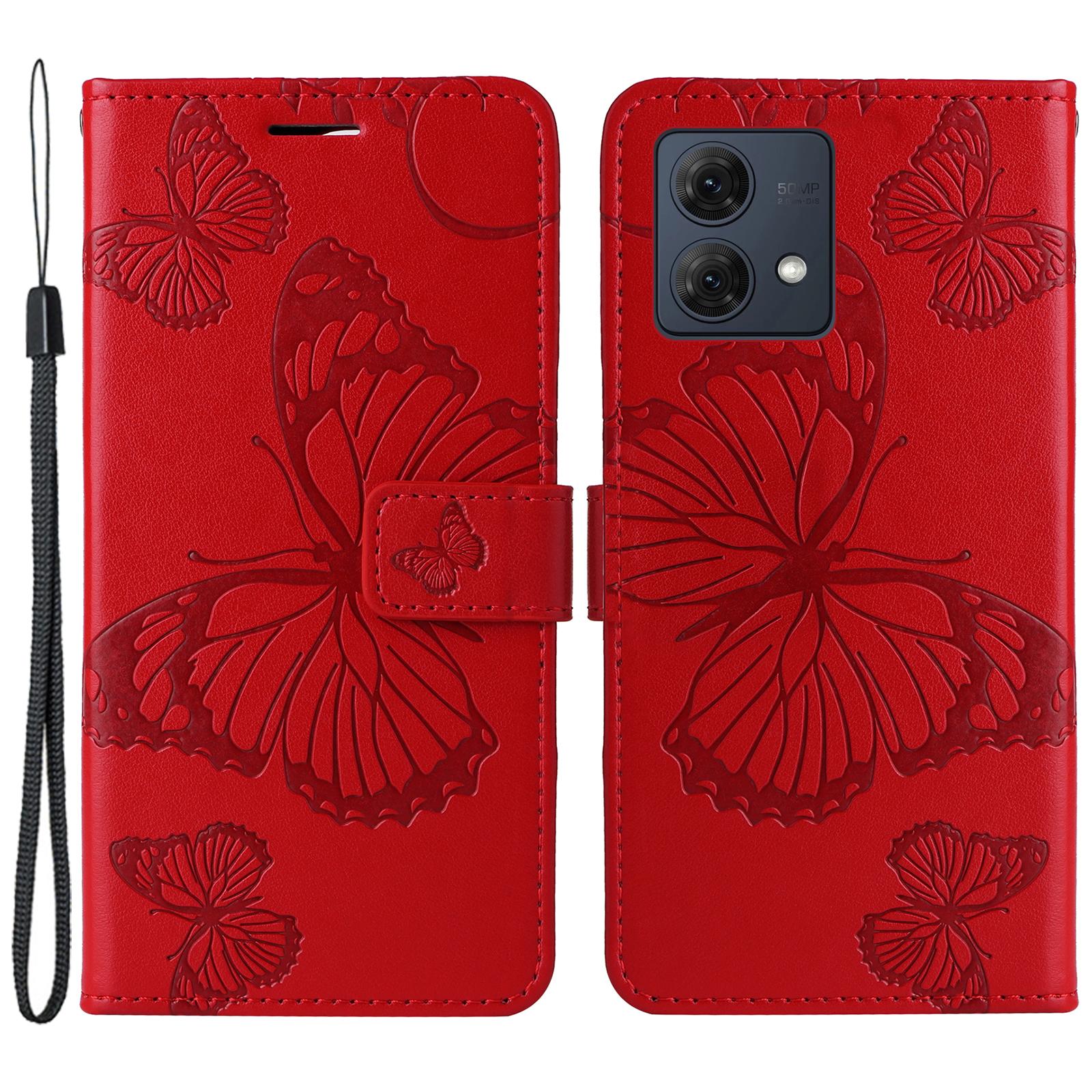 

For Motorola Moto G84 5G Wallet Case Floral Butterfly Imprinted Leather Phone Cover Stand Red