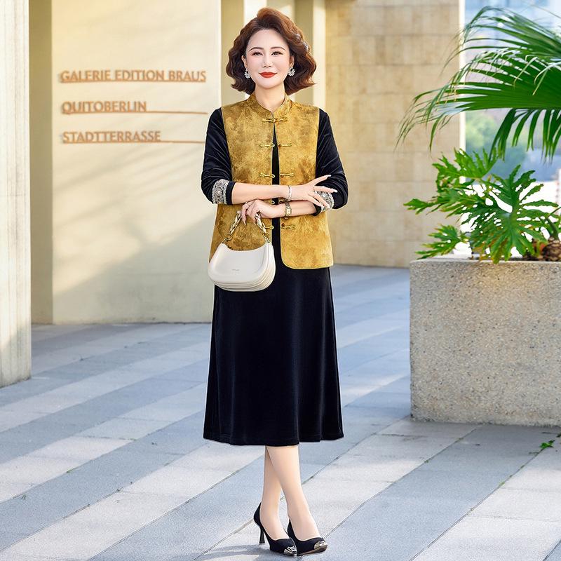 Elegant Gold Velvet Two-Piece Set: Spring Vest Jacket & Dress for Middle-Aged and Elderly Women - Plus Size, Perfect for Spring/Autumn 2XL