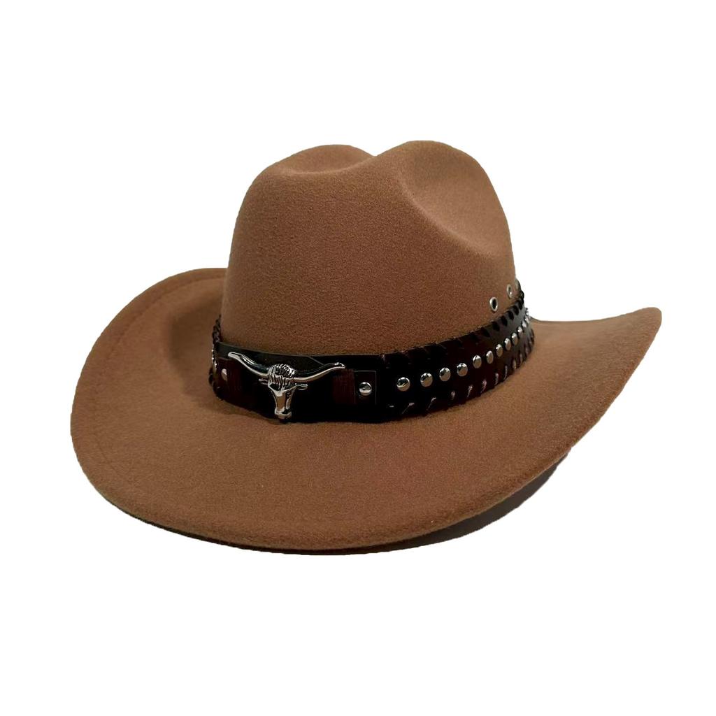 New Western Cowboy Hat Versatile Retro Cow Head Felt Hat Tibetan Grassland Riding Big Brim Top Hat