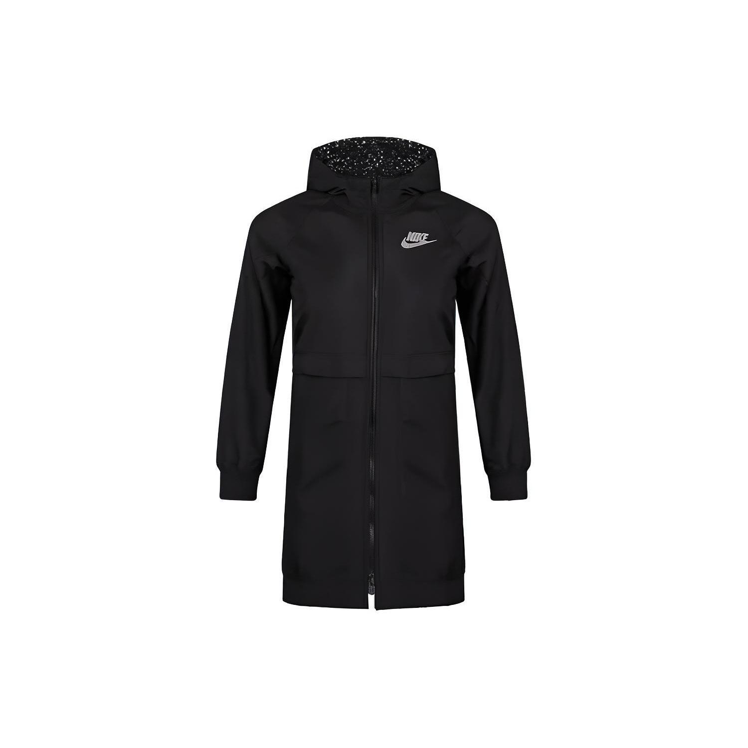 (GS) Nike Logo Printing Fleece Hooded Mid-Length Sports Girls Black Jacket Kids BV3058-010 L