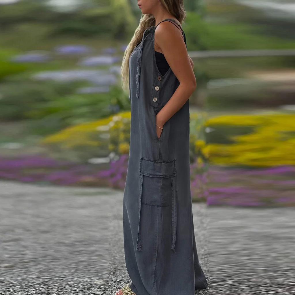 Women's Fashion Casual Loose Pocket V-Neck Colour Jumpsuit